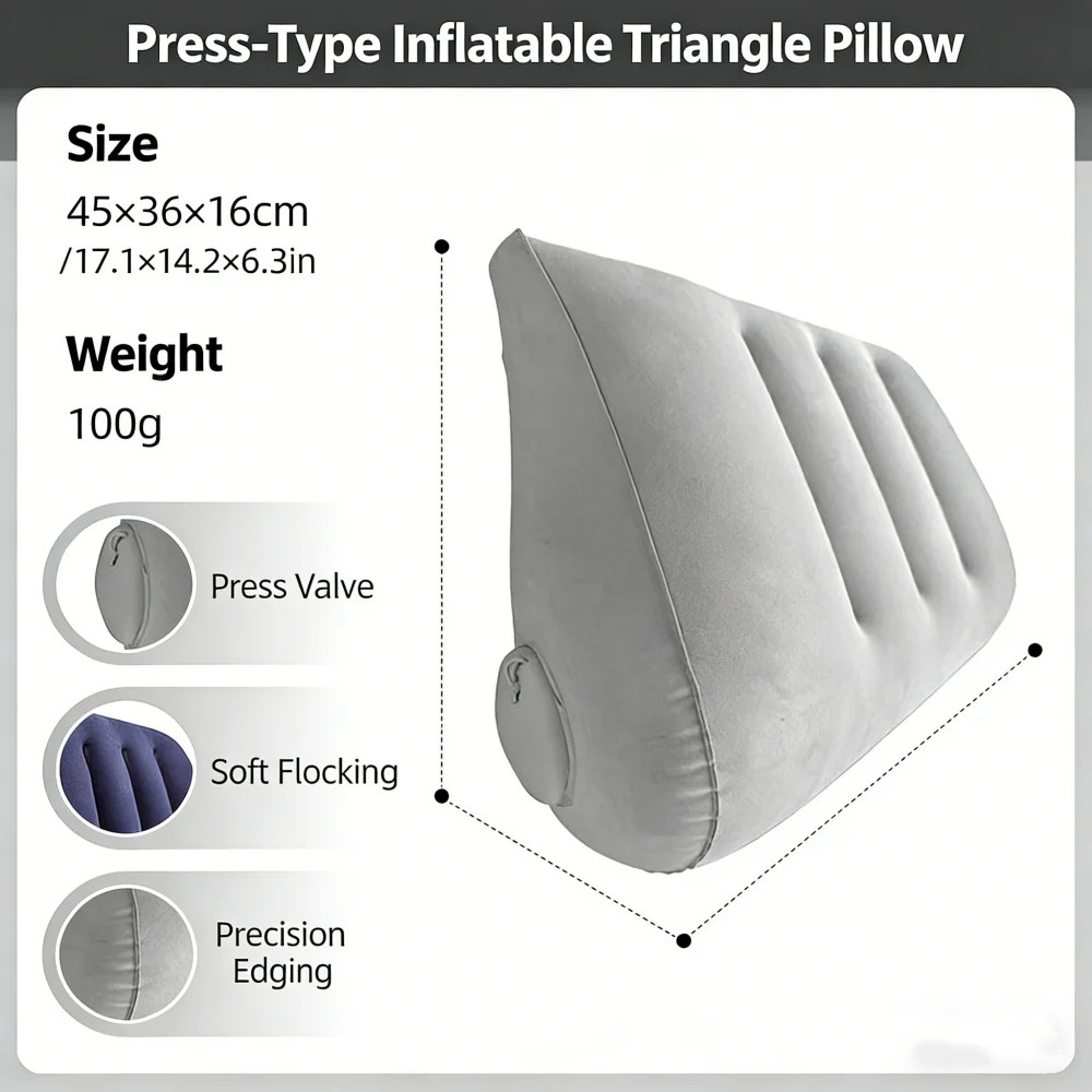 Inflatable Triangular Travel Pillow Neck Lumbar Support Leg Rest Cushion Grey