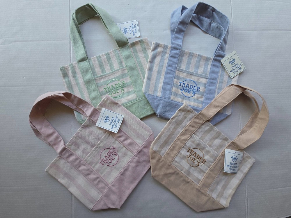 Four (4) Trader Joe’s Striped Mini Canvas Tote Bag – Light Brown, Pink, Green
