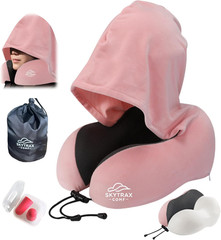 Almohada de viaje con capucha grande para vuelos largos y soporte de cuelloa