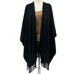 Mer Sea Classic Travel Wrap Womens One Size Ink Black Knit Poncho Fringed Trim
