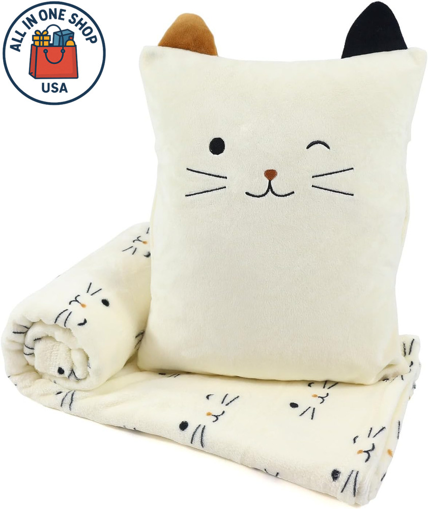 3-in-1 Cat Travel Blanket and Pillow Set for Kids, Soft and Compact