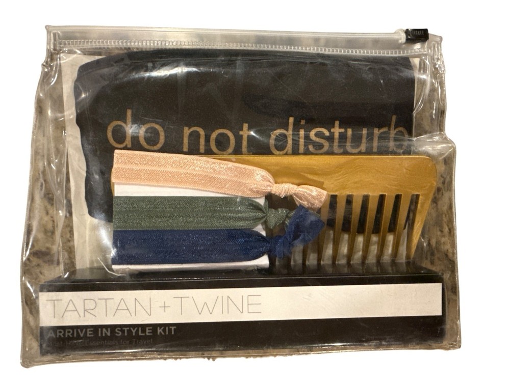 TARTAN + TWINE 5pc Set Arrive In Style Kit Sleep Mask Comb Hair Ties Travel Bags