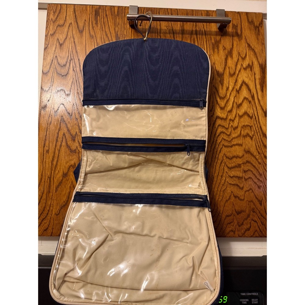 Vintage Navy Blue Moire Hanging Toiletry Bag Tri-Fold Travel Organizer Case