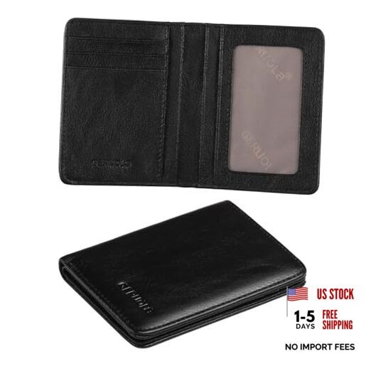Bifold Slim Men Wallet Genuine Leather Thin, Small Vertical RFID Blocking Black