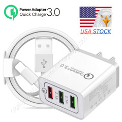 3 Port Quick Charge QC USB Hub Wall Charger Adapter For iPhone 14 13 12 11 Cable
