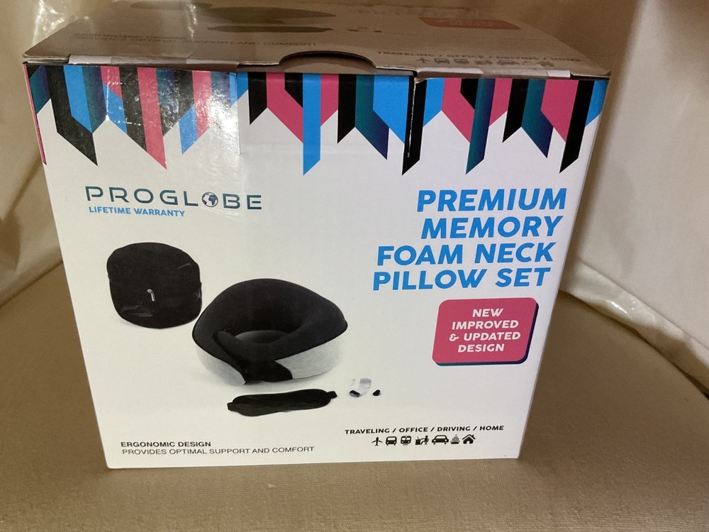PROGLOBE Premium Memory Foam Neck Pillow Set Including Earplugs, Eye Mask & Bag