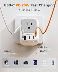 Type E F Travel Plug Adapter PD 20W, 7 in 1 Germany France Power Adaptor with 4