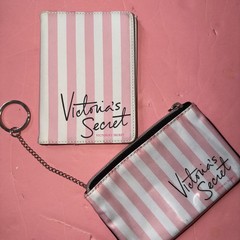 Victoria’s Secret PASSPORT COVER CASE+coin Purse Make Up PINK SIGNATURE STRIPE