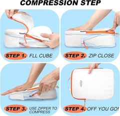 Compression Packing Cubes – 7 Piece Set Travel Organizer -Orange/White