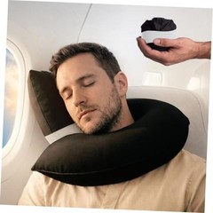 Inflatable Neck Pillow for Airplane Travel with J-Shaped Design and 360° Black