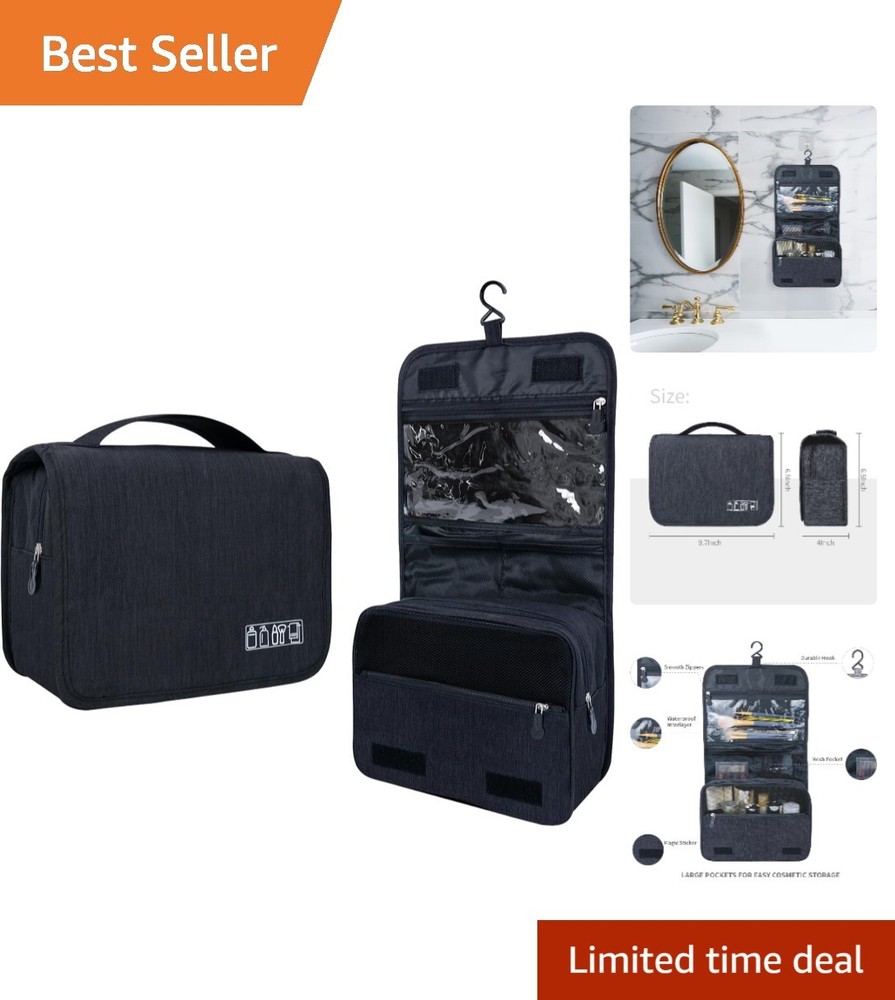 Large Waterproof Toiletry Bag with Hanging Hook for Travel – Unisex Black