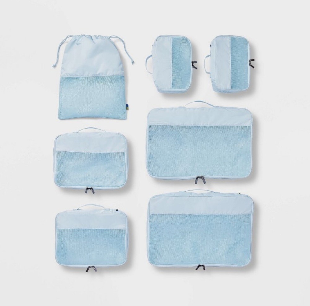 Open Story 7-Piece Packing Cube Set 100% Recycled Polyester Cube Aqua Blue