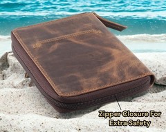 Bi-fold Leather Travel Document Holder with Credit Card Slots and Coin Pocket