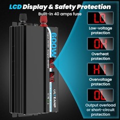 Power Inverter Pure Sine Wave Inverter 12V DC to 120V AC Converter for 600W