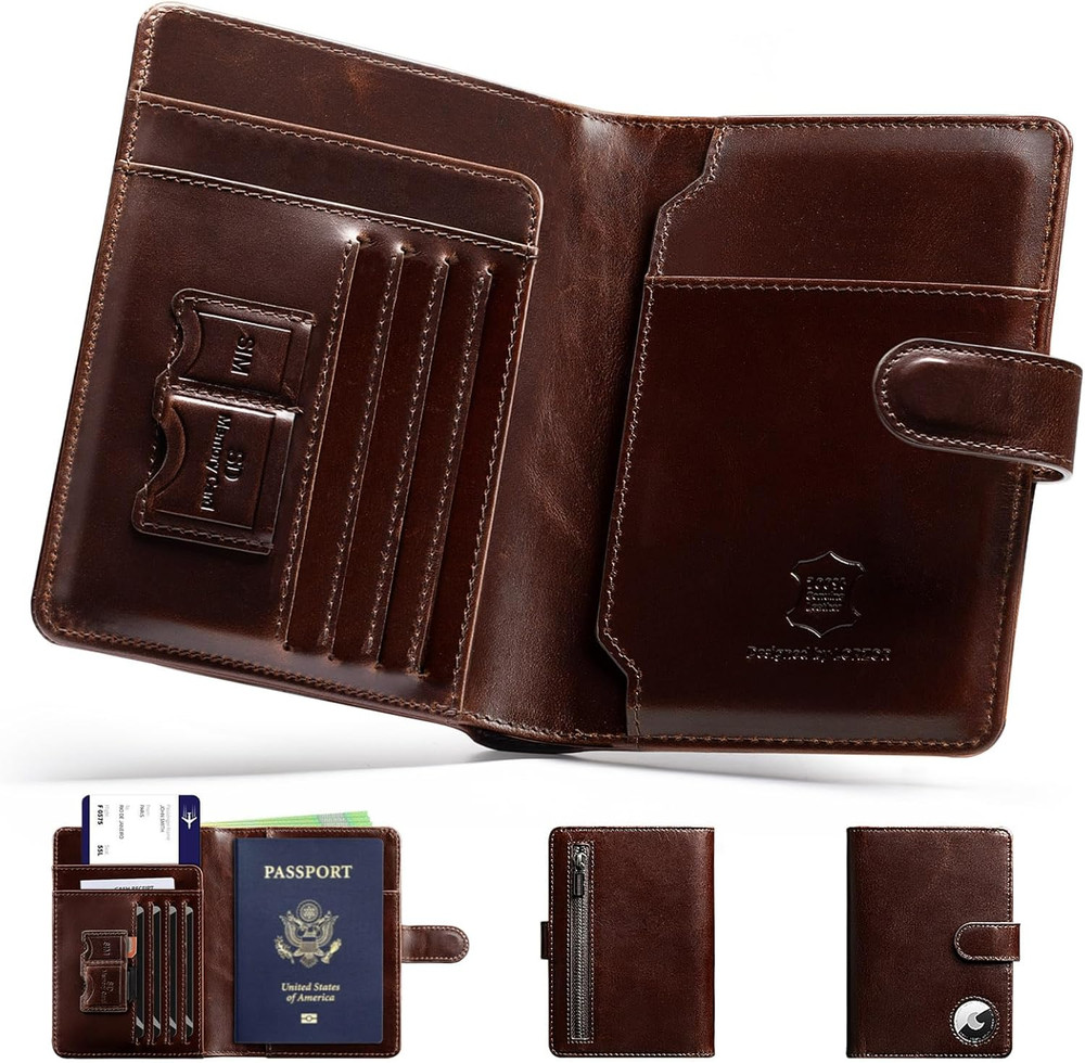 Passport Holder for Travel: Full Grain Leather Passport Cover with Airtag Hol…