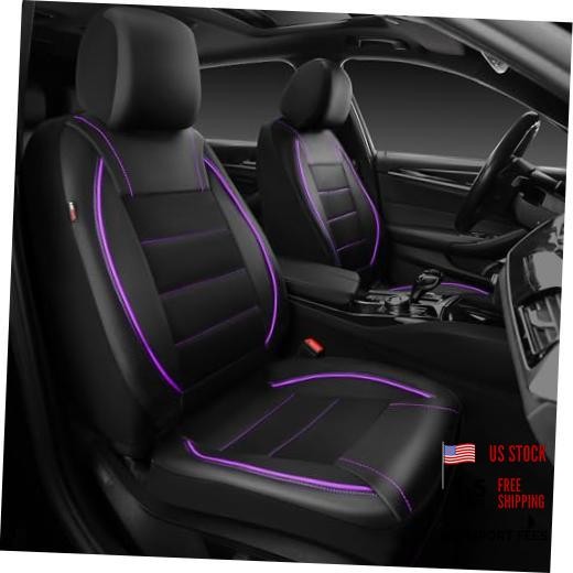Universal FIT Piping Leather Two Front Seat Covers, Waterproof Black & Purple