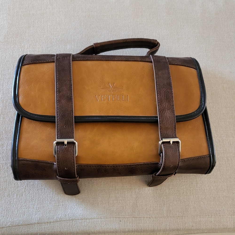 Vetelli Vegan Leather Hanging Toiletry Bag 2 Tone Brown Mustard