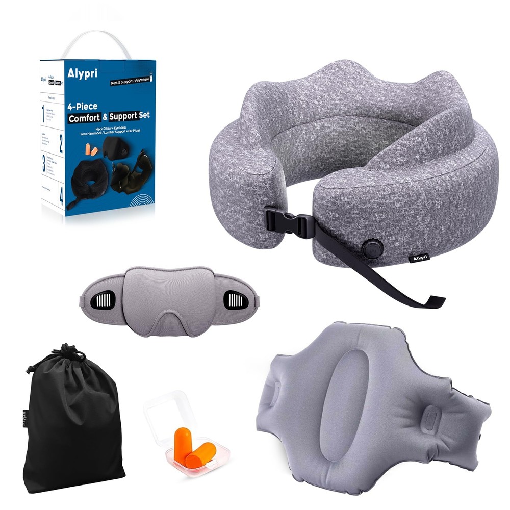 4-in-1 Travel Comfort Set Inflatable Neck Pillow, Convertible Lumbar Support …