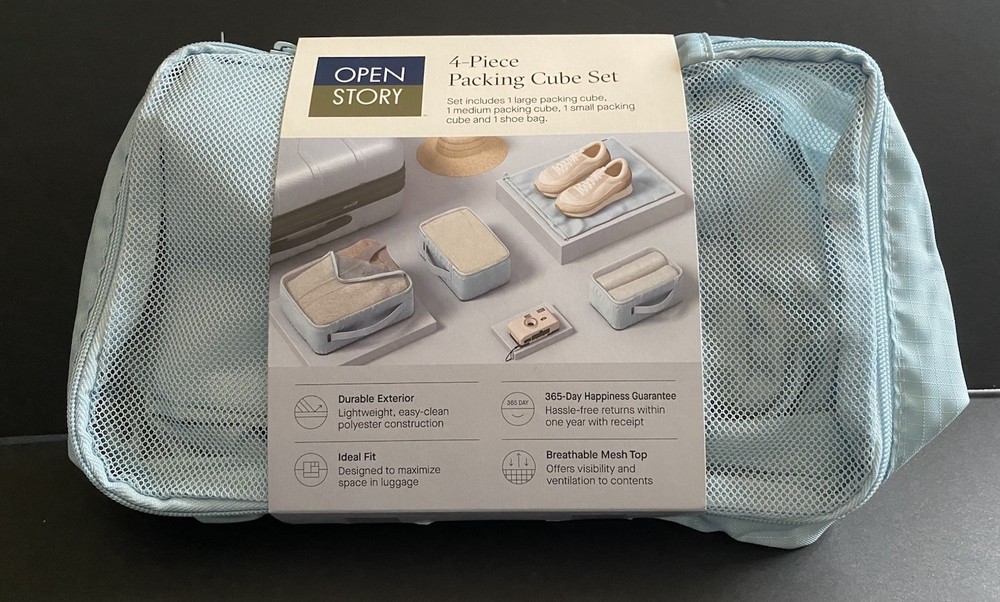 Open Story 4-Piece Packing Cube Set For Travel Luggage Light Blue