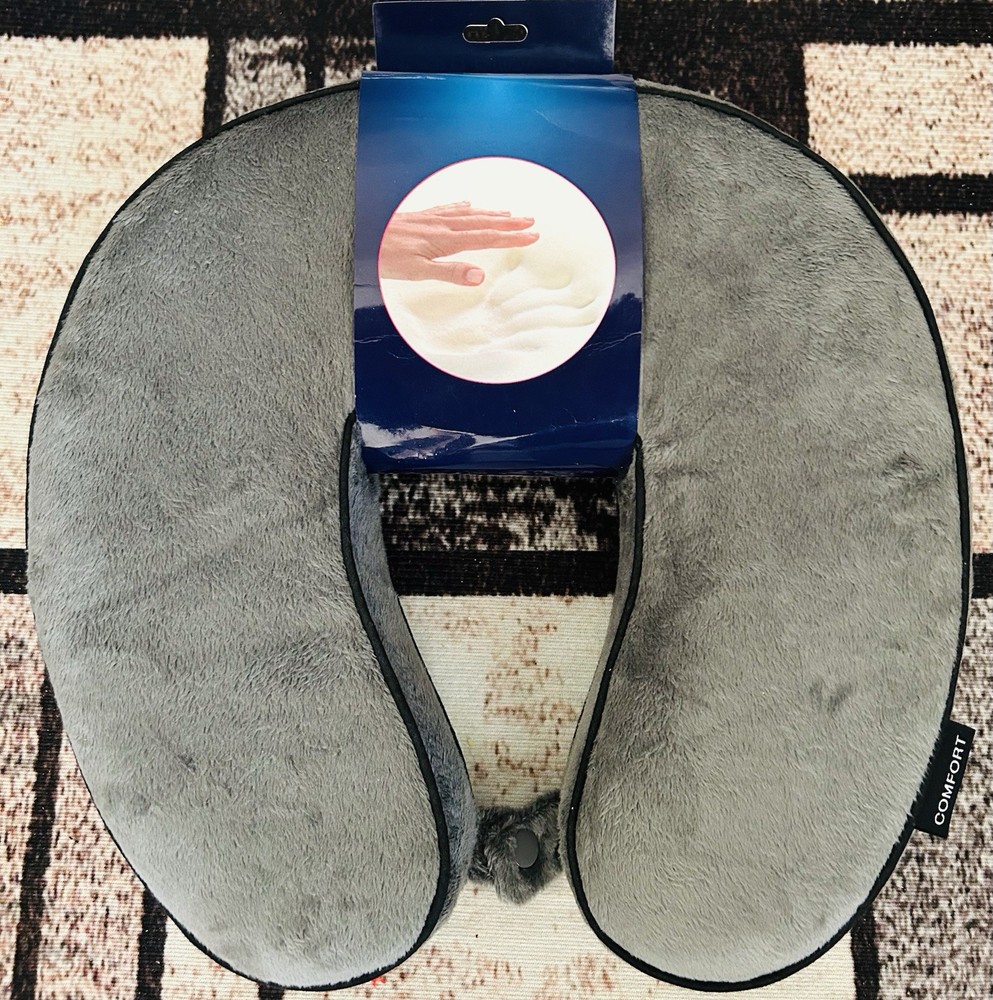 🇺🇸The Comfort Memory Foam Neck Travel Pillow Piping Plain with SnapOn Grey
