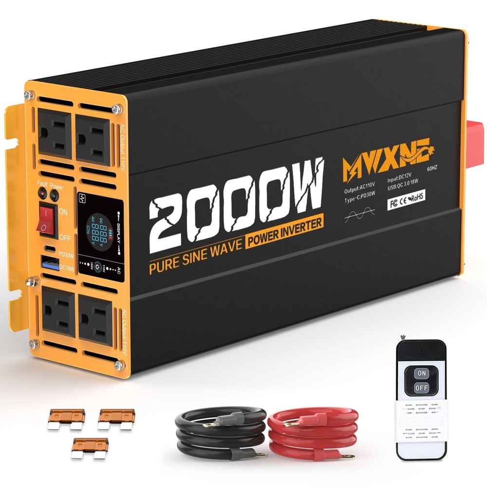 2000W Pure Sine Wave Inverter 12V DC to 110V 120V AC Car Converter for RV Tru…