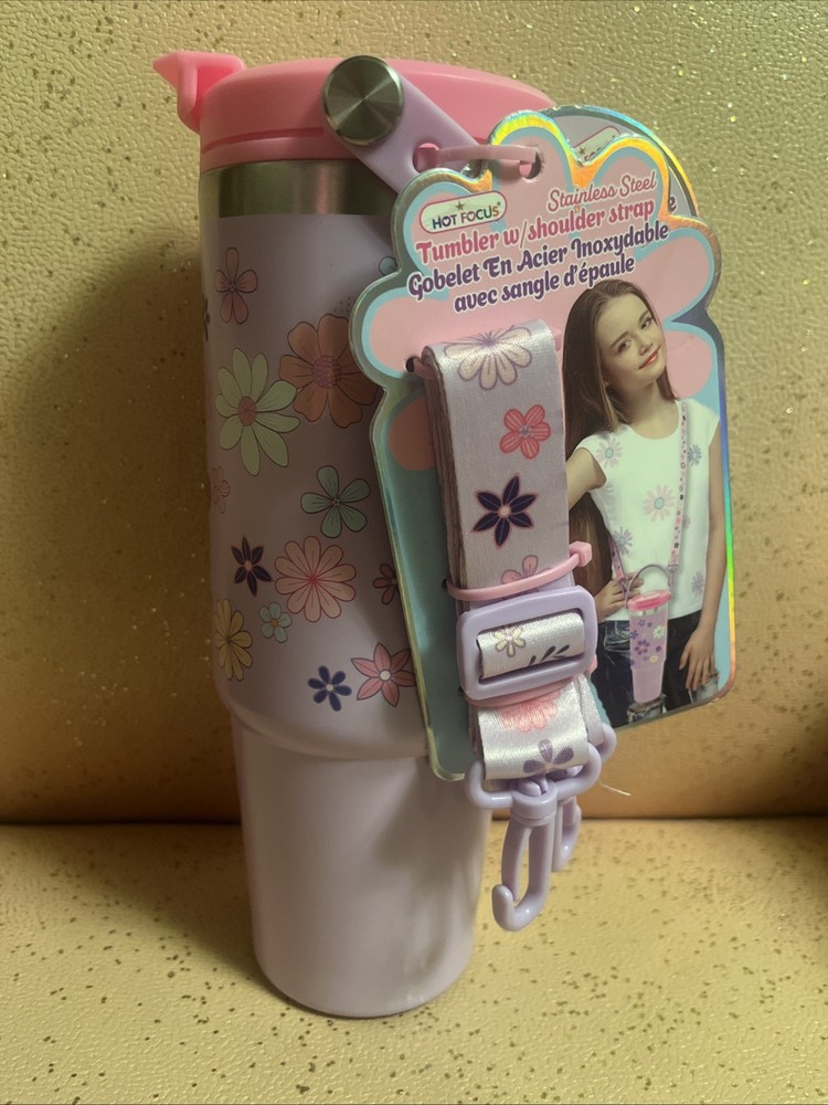 Girls Travel Tumbler Shoulder Strap Purple Lilac Pink Floral New Stainless Steel
