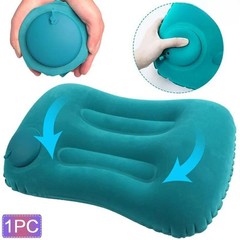 Portable Inflatable Flocking Travel Pillow Blue Ergonomic Camping Neck Support