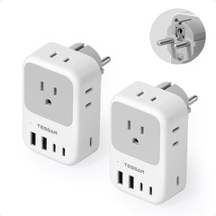 Type F Plug Adapter 2 Pack, 28W Germany France Travel Plug Adapter with 4 Outlet