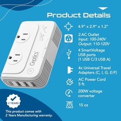 200W Voltage Converter – 220V to 110V Converter for Curling 200W w/ 4 Plugs