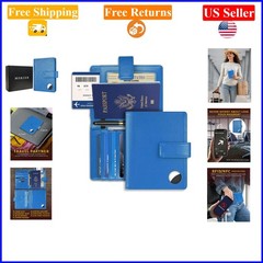Blue Leather RFID Passport Holder with AirTag Slot for Men & Women