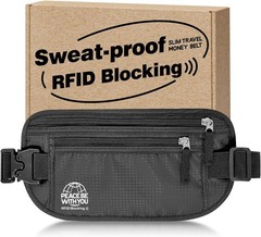 Slim Hidden Travel Money Belt for Men or Women, RFID Blocking, Heavy-Duty Buckle