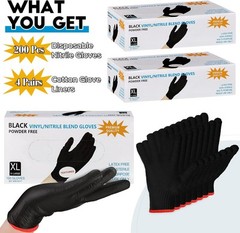 200 Pcs Black Disposable BBQ Nitrile Gloves with 4 X-Large, Black, Dark Gray