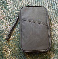 Gray Nylon Travel Wallet Organizer w/ Neck & Wrist Strap