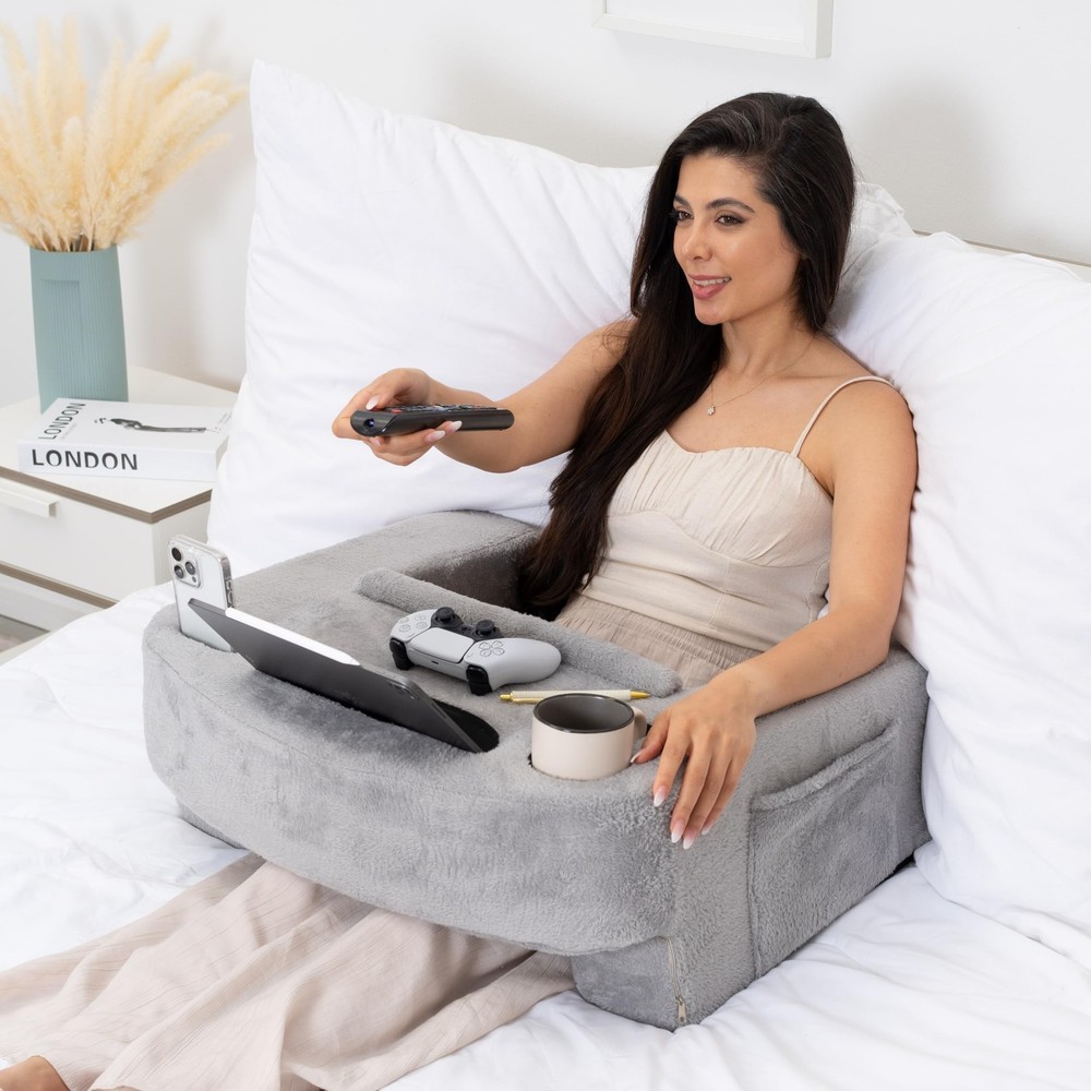 Reading Pillow for Gaming – Extra Large Lap Desk & Arm Rest with Cup & Pho