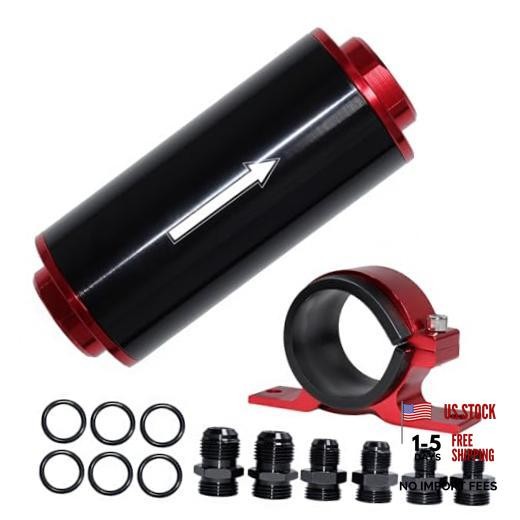 Inline Fuel Filter 100 Micron with 6AN 8AN 10AN Fuel Filter Adapter Red