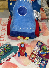 NEW! 6-Pc KIDS Outer Space ROCKET ALIENS BLANKET Pillows STICKERS Plush FIGURES