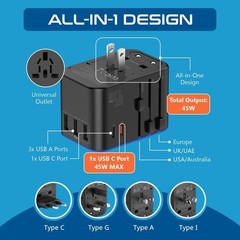 Universal Travel Adapter, 45W International Power Adapter with PD & QC 3.0 Dual