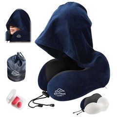 Almohada De Viaje Con Capucha Grande De Espuma Viscoelastica Azul Lujo