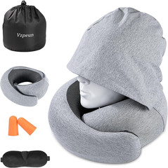 Hooded Memory Foam Travel Neck Pillow w/ Eye Mask & Earplugs – Light Gray