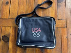 Roots USA Olympics Navy Blue Leather Travel Square Bag Crossbody, USA Flag