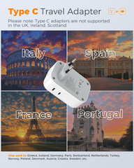 2 Pack European Plug Adapter USB C, TESSAN US to Europe Adapter 4 Outlets