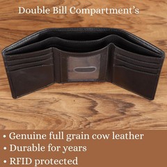 Wild Wolf Black Trifold Wallet for Men – Full-Grain Nappa Leather, RFID Bl
