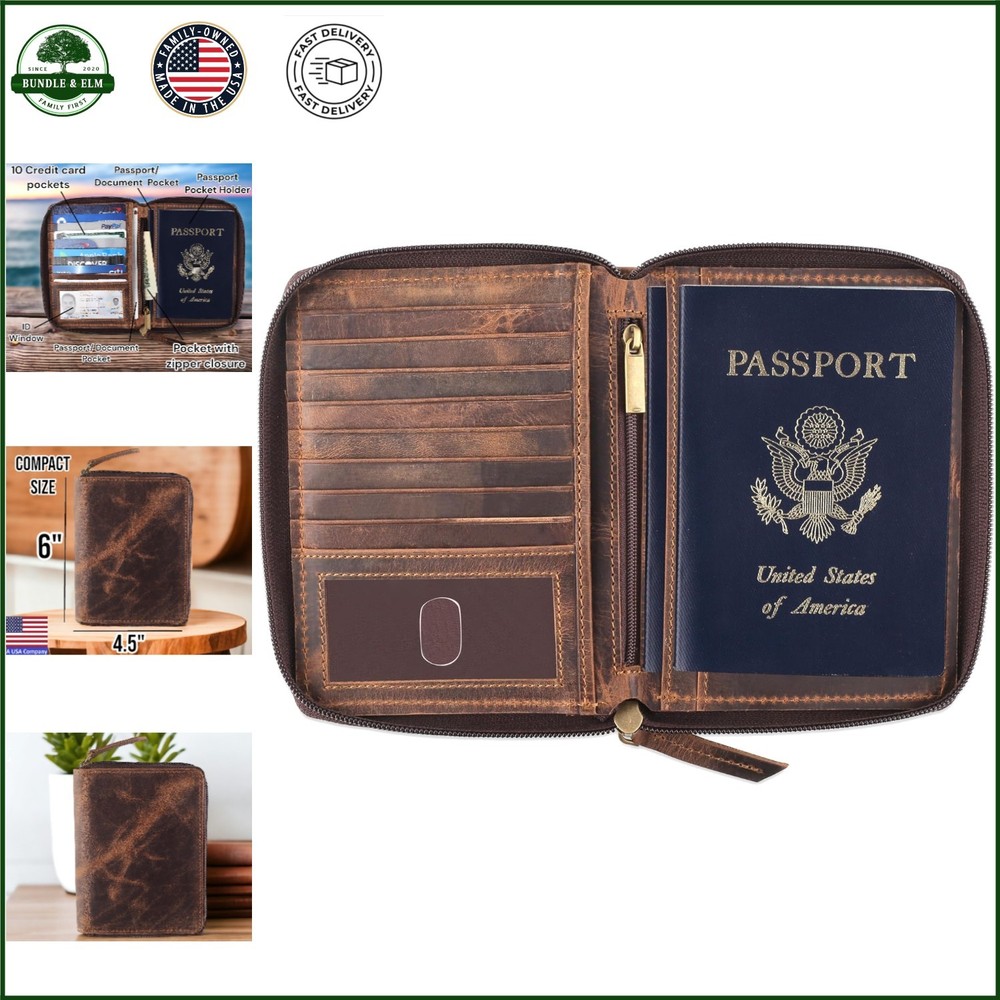 Bi-fold Leather Travel Document Holder with Credit Card Slots and Coin Pocket