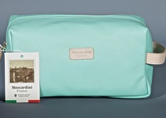 MOSCARDINI FIRENZE MINT Leather Top Zip Unisex Toiletries Handle Bag ITALY