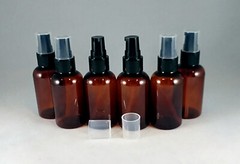 24 Amber PET 2 oz Boston Round Plastic Bottles with Black Fine Mist Pump Sprayer