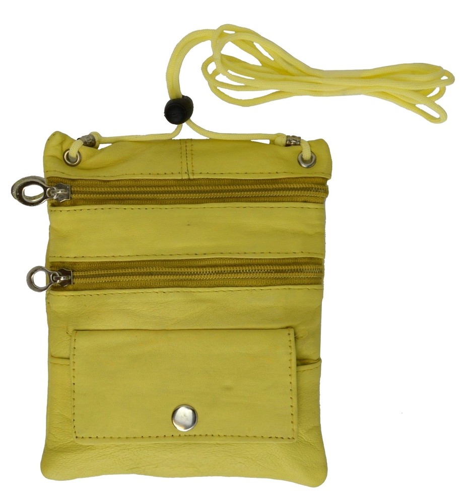 Yellow Leather Travel Neck Bag Passport ID Holder Sling Pouch String Purse
