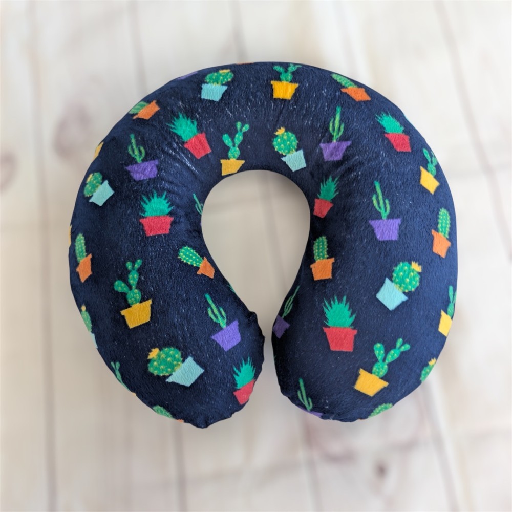 Travel Neck Airplane Pillow Memory Foam Neck Support Blue Cactus Print velvet