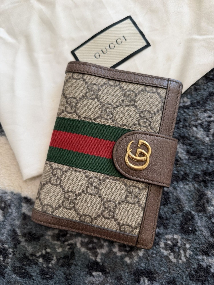 Gucci Ophidia GG Supreme Monogram Web Passport Case Wallet Beige